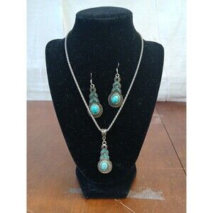 Silvertone Metal Faux Turquoise & Rhinestone Dangle Earrings & Pendant Set